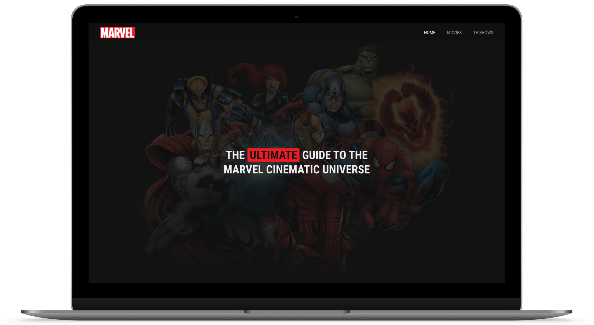 Macbook showing the Marvel Cinematic Universe Guide homepage